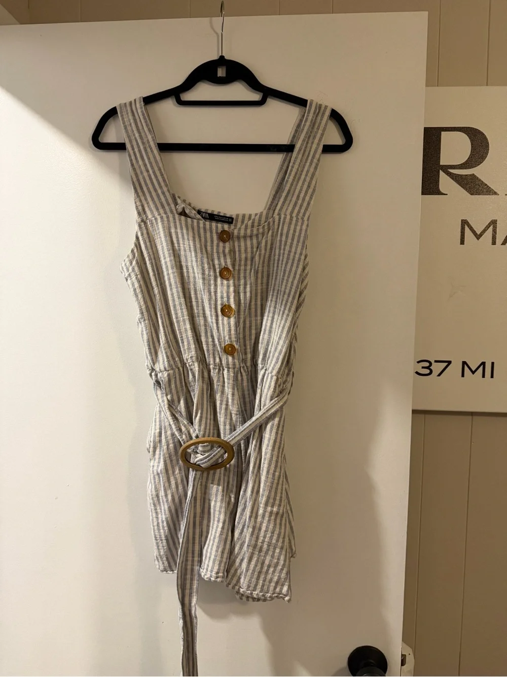 Zara Light Blue Striped Belted Romper L